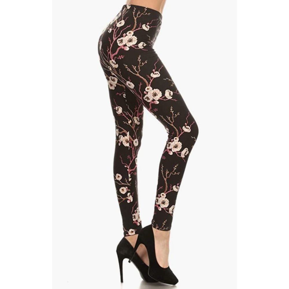 Black Cherry Blossom Floral‎ Flower Vine Printed Leggings Tights